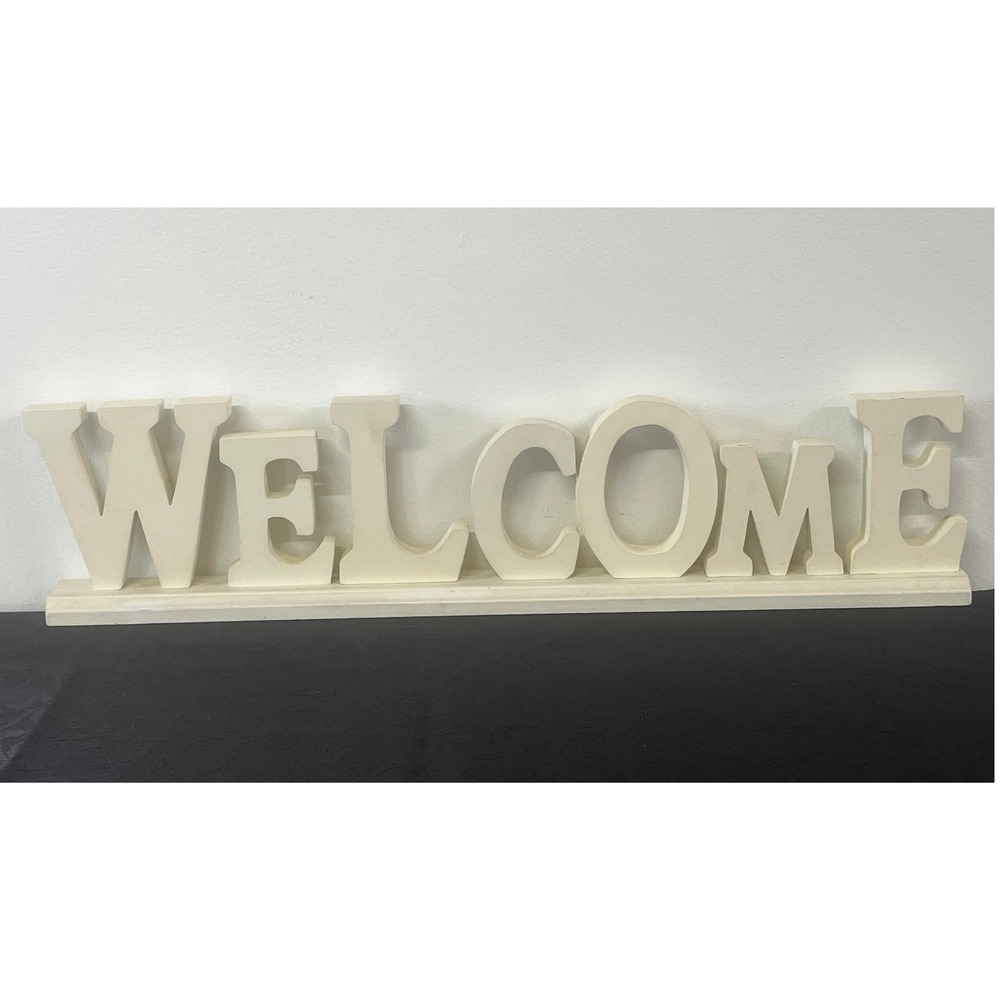 Cream Wooden Welcome Sign Freestanding‎ Block Letter Entryway Mantel Decor 23.5"